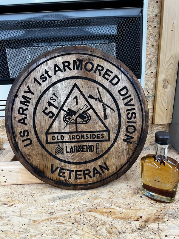 whiskey barrel head army veteran wall hanging