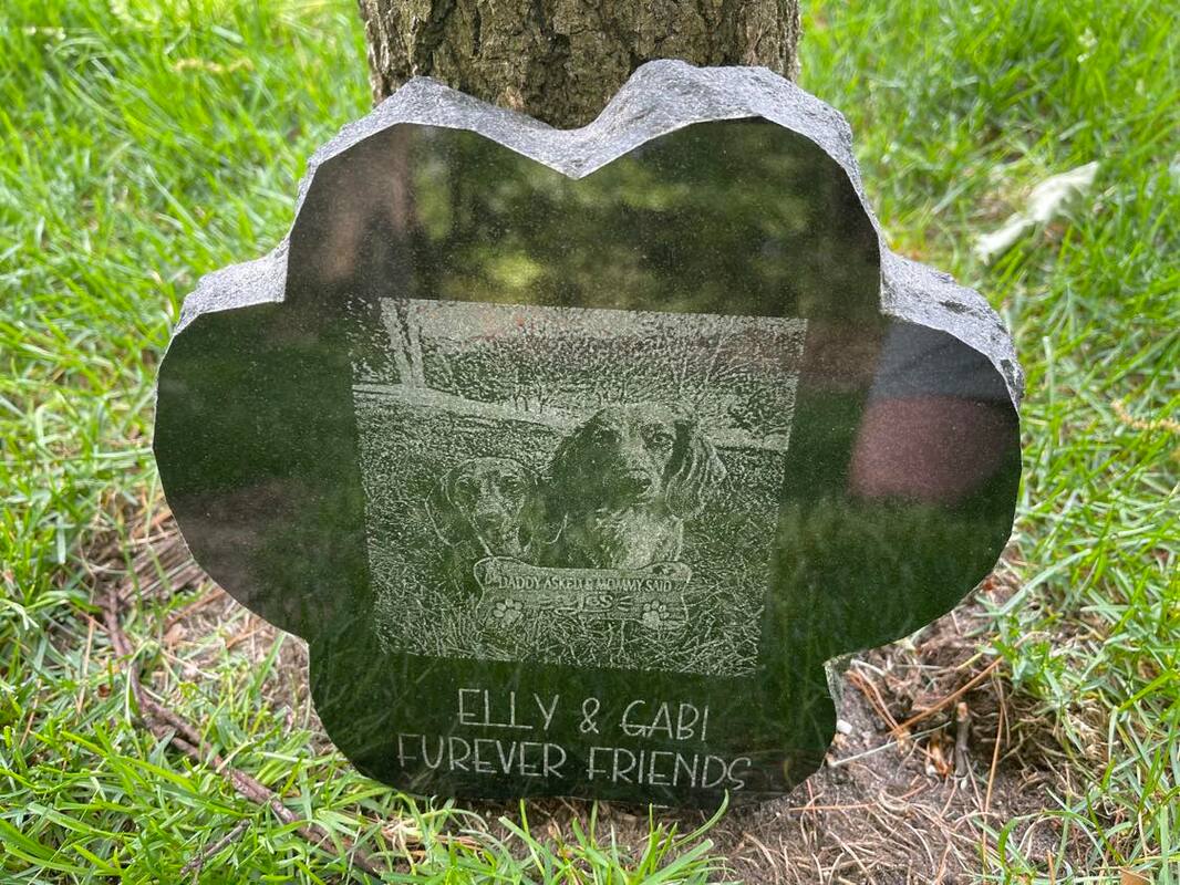 laser etched photograph of pet on granite memorial