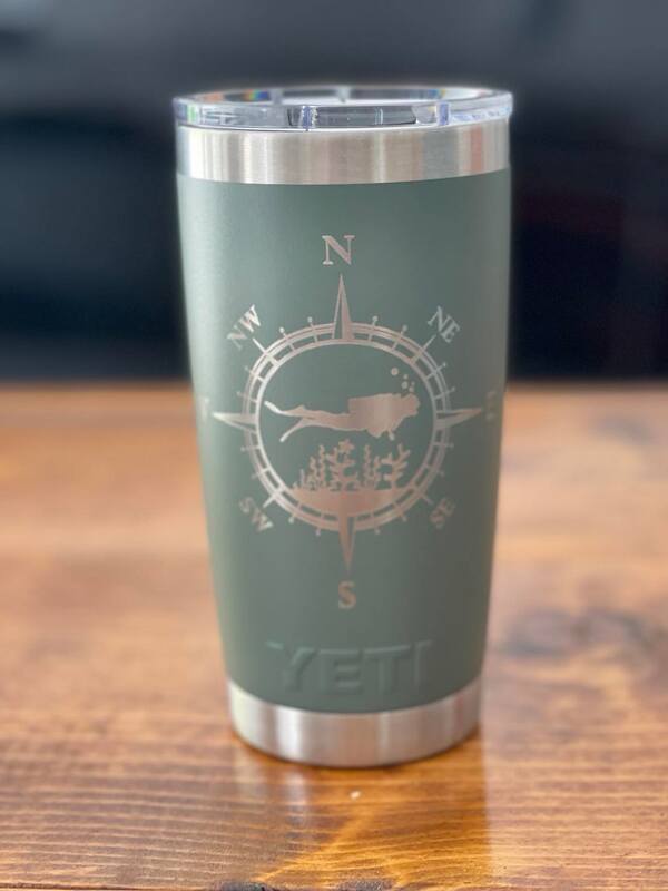 scuba diver and compass engraved green yeti