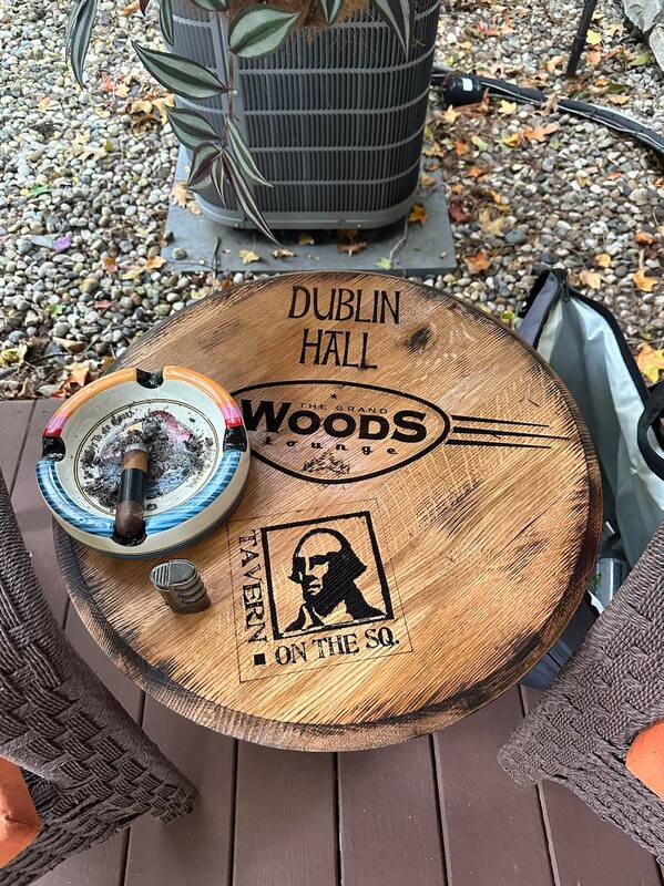 engraved whiskey barrel lid table