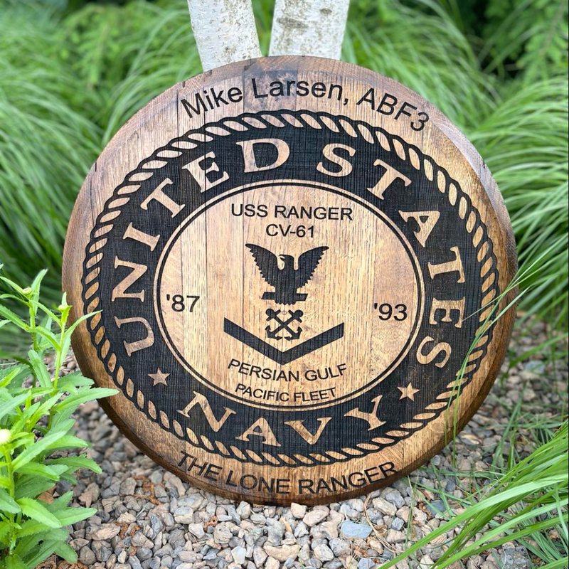 navy decor - engraved whiskey barrel lid