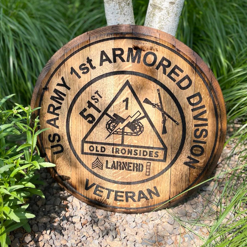 personalized Army division whiskey barrel lid decor