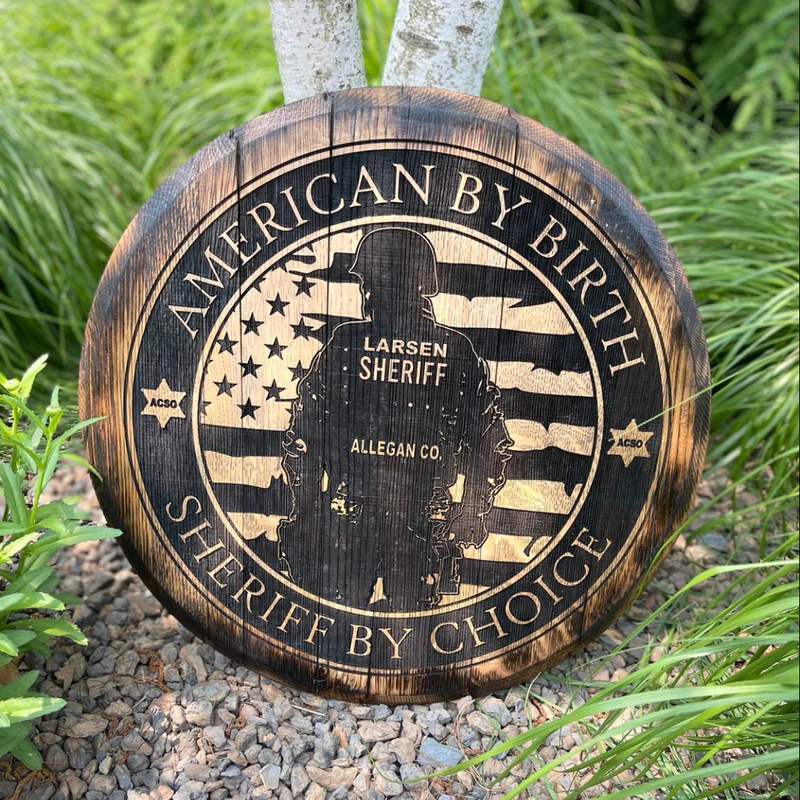 law enforcement decor - engraved whiskey barrel lid
