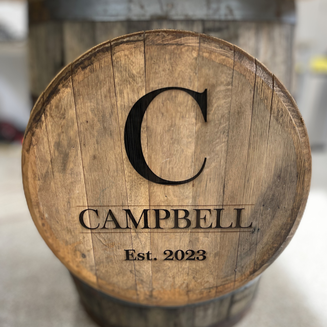whiskey barrel lid with wedding date