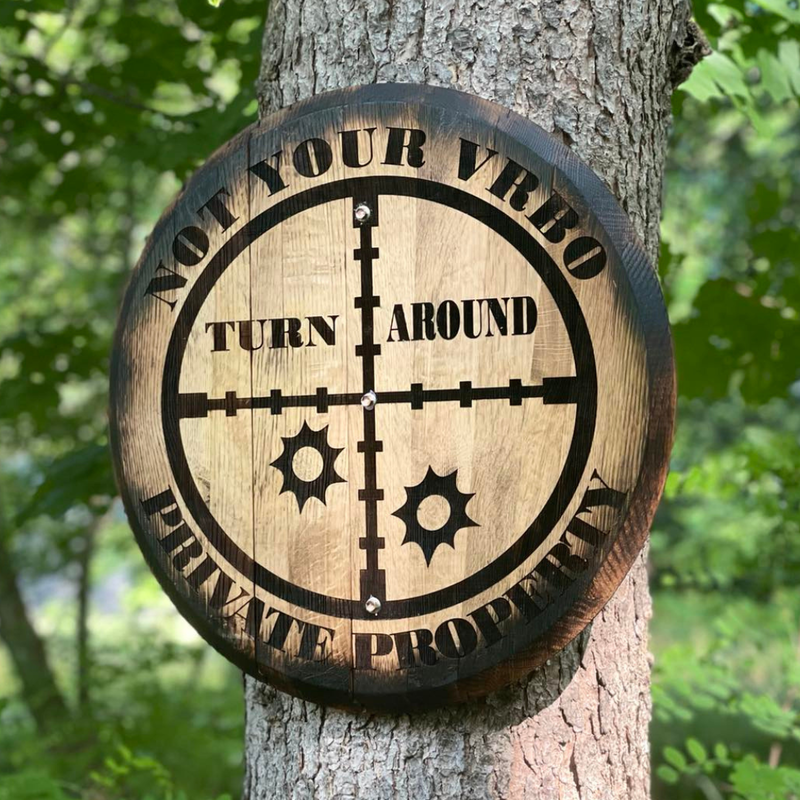 private property sign - whiskey barrel lid sign