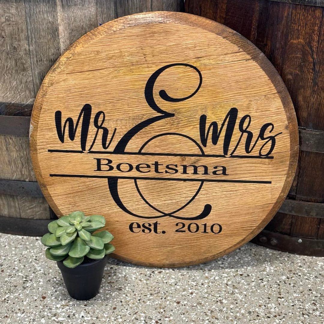 personalized Mr. and Mrs. whiskey barrel lid sign