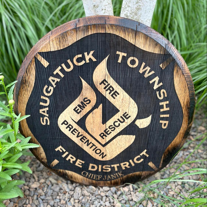 fire department engraved whiskey barrel lid