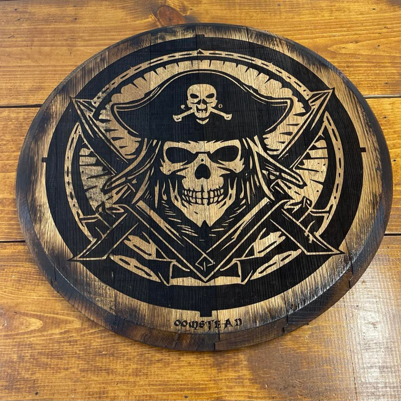 pirate engraved whiskey barrel lid