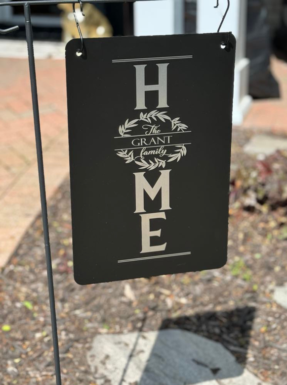Family name and HOME hanging garden sign