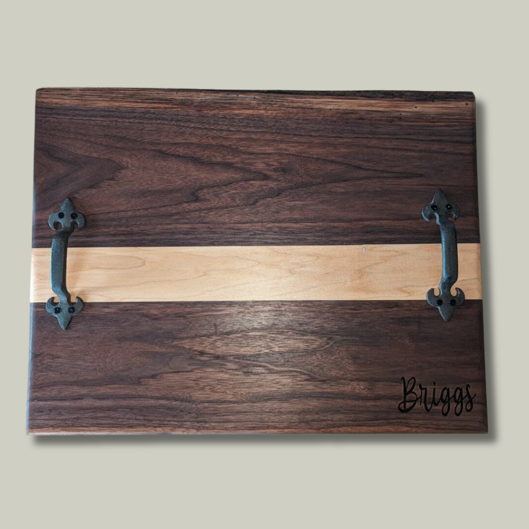 two-toned wooden serving tray with handles