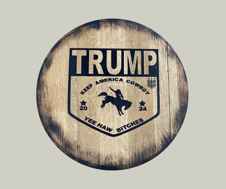 Donald Trump - Keep America Cowboy engraved whiskey barrle lid