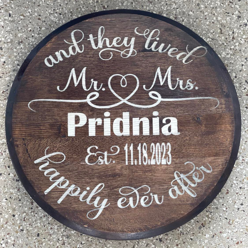 happily ever after wedding date whiskey barrel lid turntable