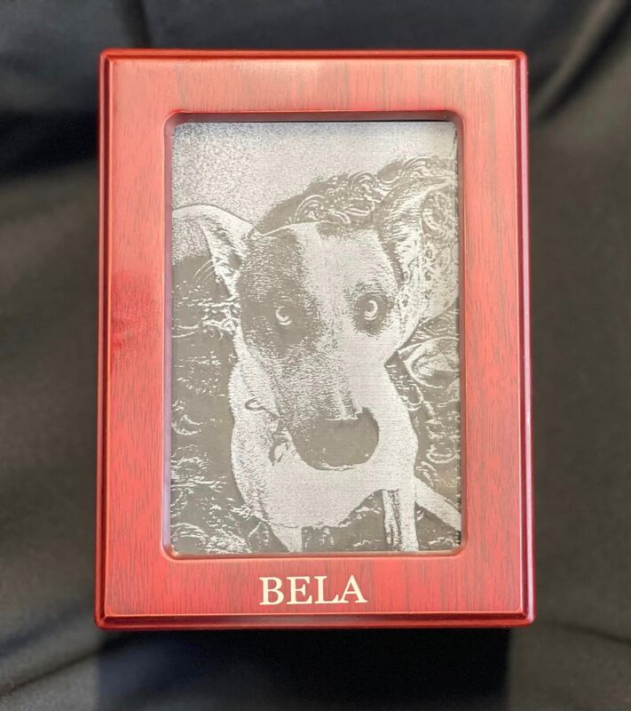 laser engraved memorial photo of pet for ashes